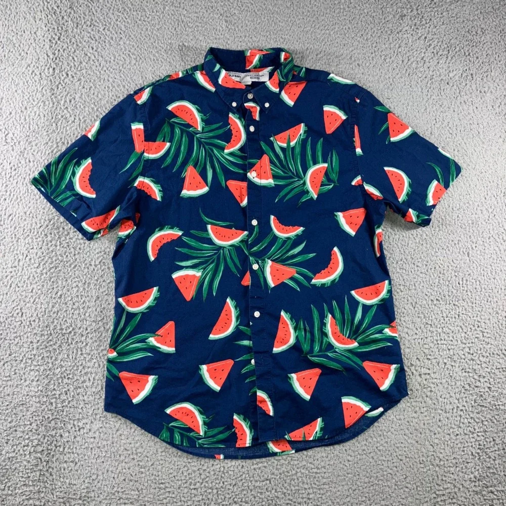 Old Navy Button Graphic Button Up Shirt Men M Watermelon Palm Leaf‎ Vaca Beach